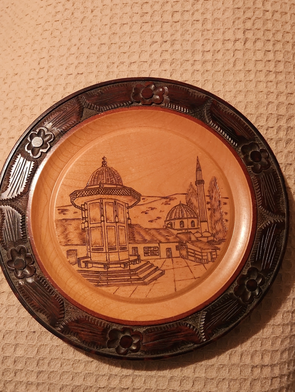 Handcrafted Brown Decorative Wooden Wall Plate with Etched Scene